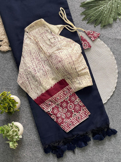 Presenting ajrakh cotton long sleeve blouse with khadi cotton saree