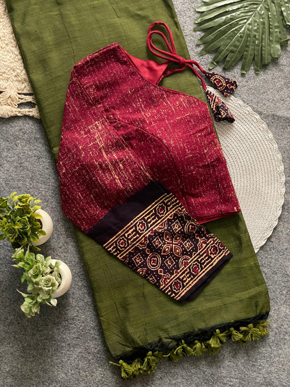 Presenting ajrakh cotton long sleeve blouse with khadi cotton saree