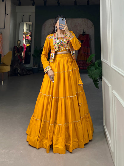 Elevate Your Navratri Style with our Exquisite Plain Pure Rayon Lehenga and Intricately Embroidered Gamthi Work Koti - A Perfect 3-Piece Ensemble Rpd Fashion