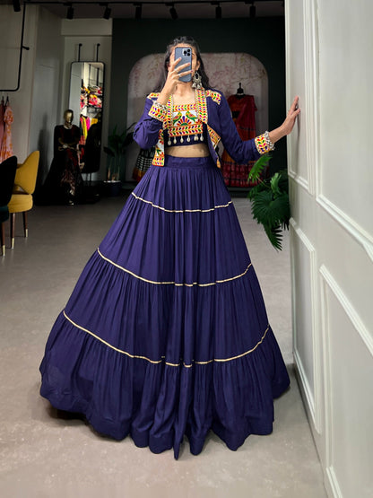 Elevate Your Navratri Style with our Exquisite Plain Pure Rayon Lehenga and Intricately Embroidered Gamthi Work Koti - A Perfect 3-Piece Ensemble Rpd Fashion