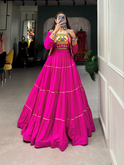 Elevate Your Navratri Style with our Exquisite Plain Pure Rayon Lehenga and Intricately Embroidered Gamthi Work Koti - A Perfect 3-Piece Ensemble Rpd Fashion
