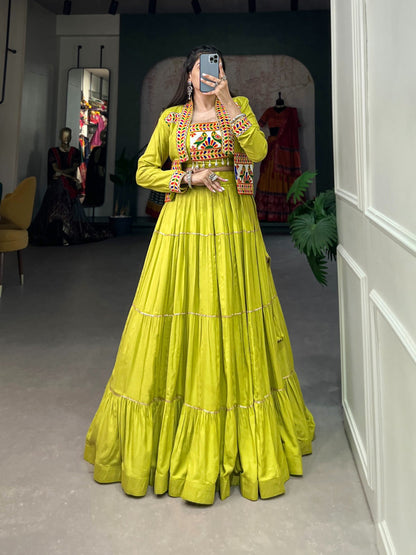 Elevate Your Navratri Style with our Exquisite Plain Pure Rayon Lehenga and Intricately Embroidered Gamthi Work Koti - A Perfect 3-Piece Ensemble Rpd Fashion