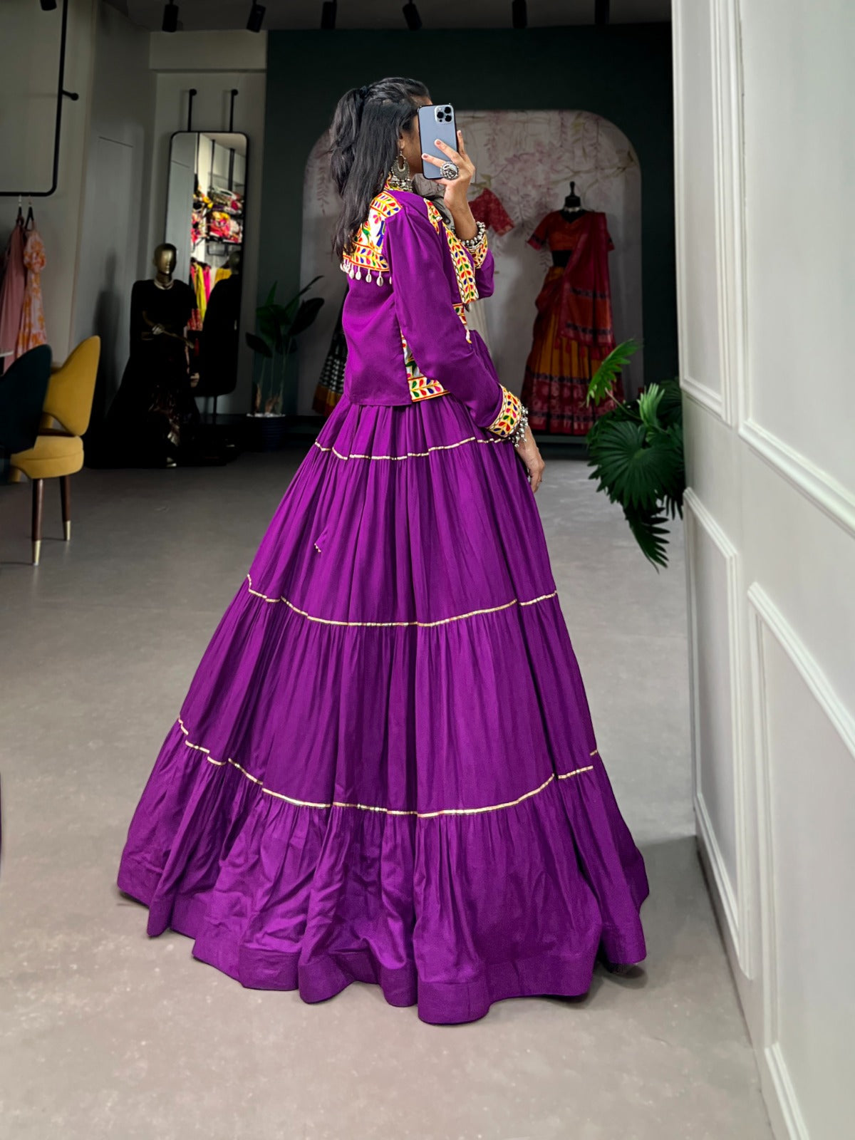 elevate your navratri style with our exquisite plain pure rayon lehenga and intricately embroidered gamthi work koti - a perfect 3-piece ensemble rpd fashion