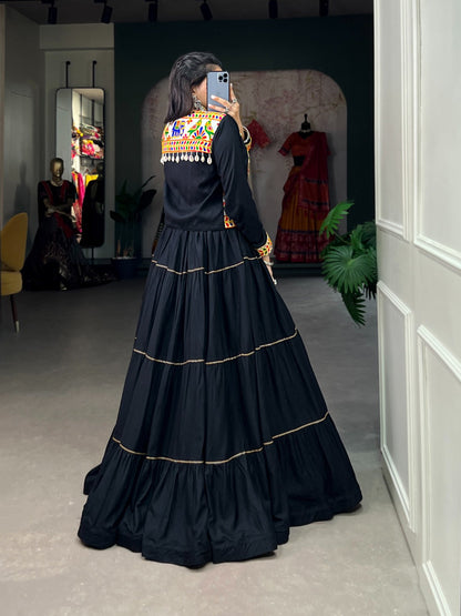Elevate Your Navratri Style with our Exquisite Plain Pure Rayon Lehenga and Intricately Embroidered Gamthi Work Koti - A Perfect 3-Piece Ensemble Rpd Fashion