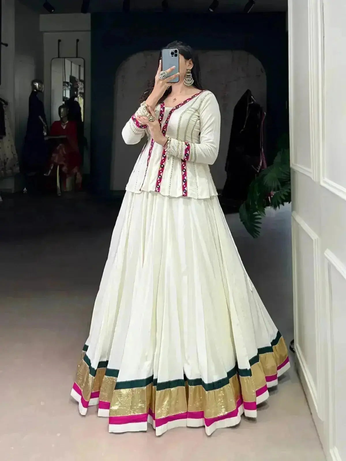 White Color Pure Rayon Embossed Navratri Lehenga Choli - RPD Fashion