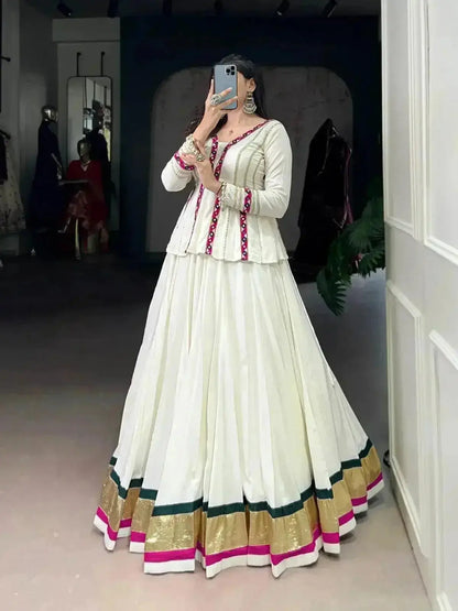 White Color Pure Rayon Embossed Navratri Lehenga Choli - RPD Fashion