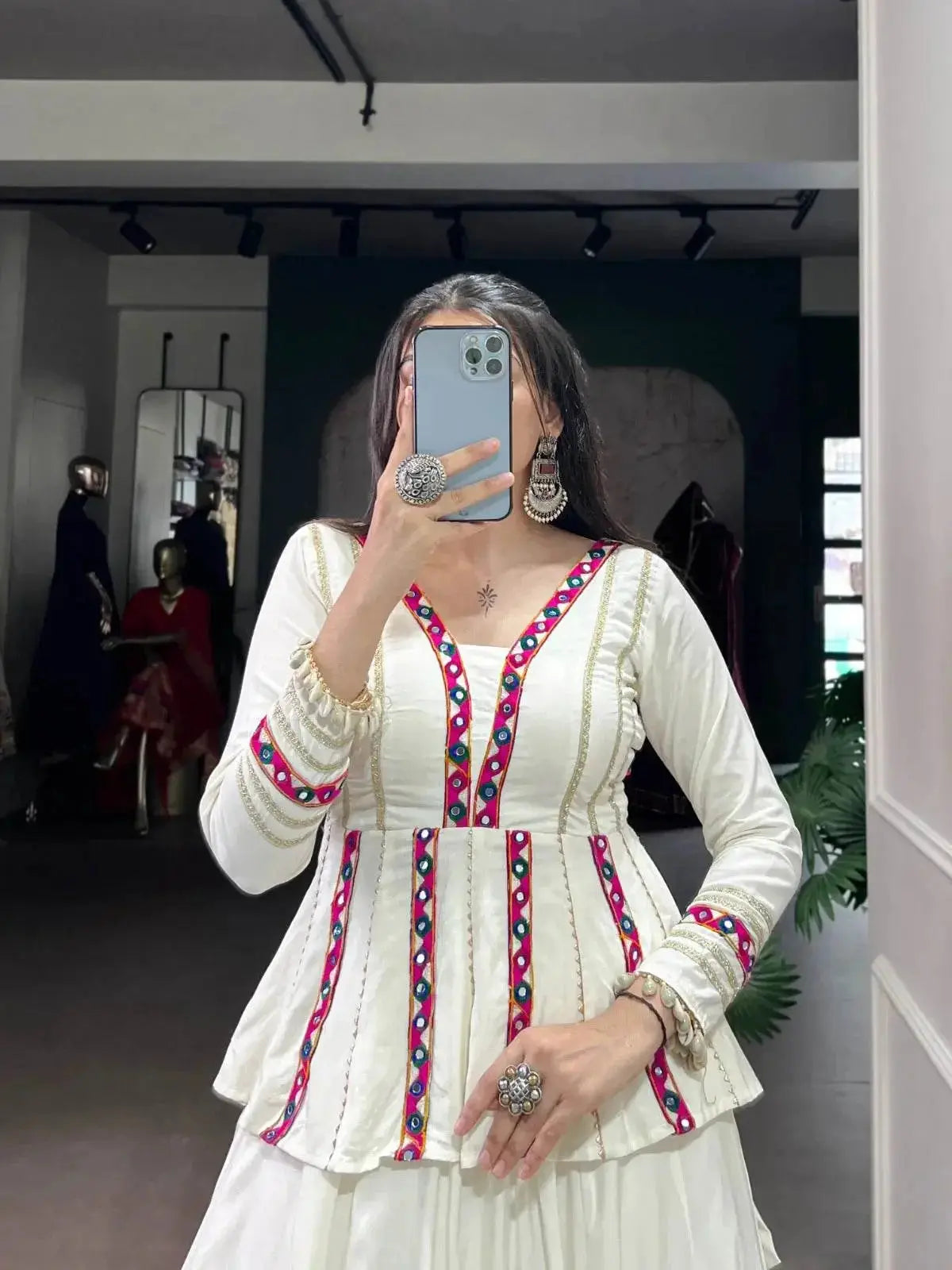 White Color Pure Rayon Embossed Navratri Lehenga Choli - RPD Fashion