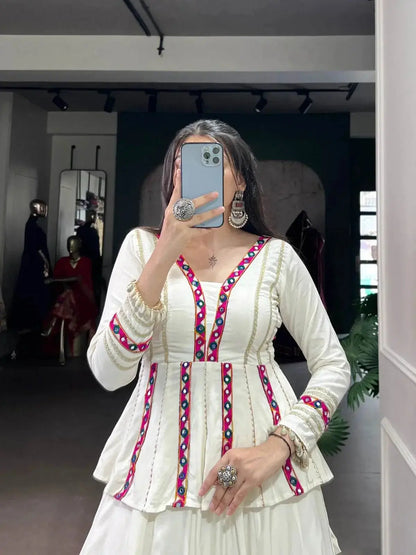 White Color Pure Rayon Embossed Navratri Lehenga Choli - RPD Fashion