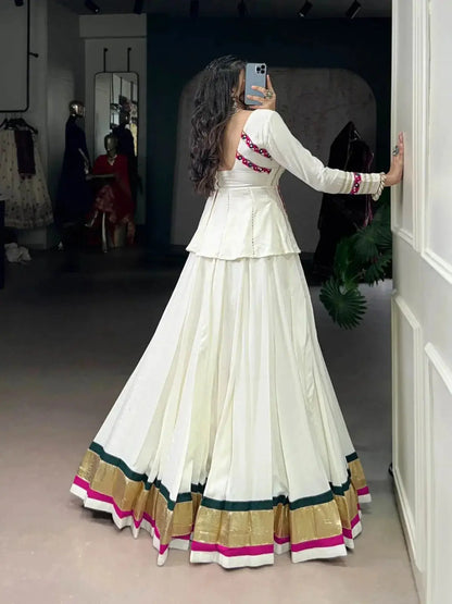 White Color Pure Rayon Embossed Navratri Lehenga Choli - RPD Fashion