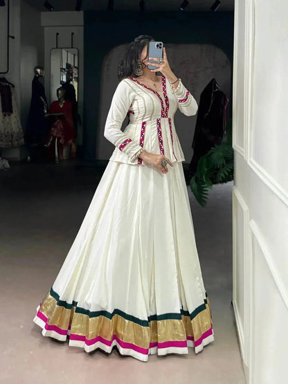 White Color Pure Rayon Embossed Navratri Lehenga Choli - RPD Fashion