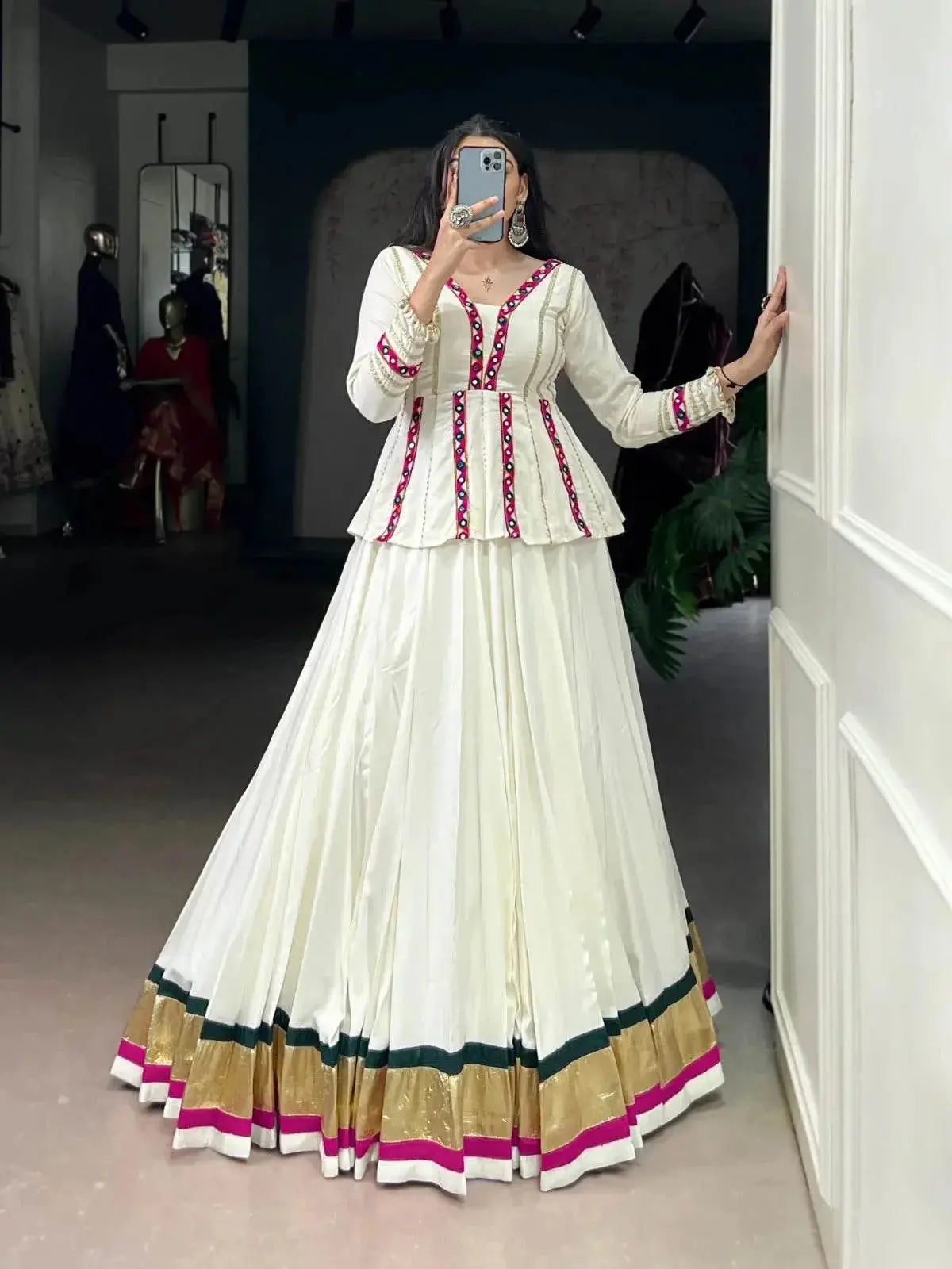 White Color Pure Rayon Embossed Navratri Lehenga Choli - RPD Fashion