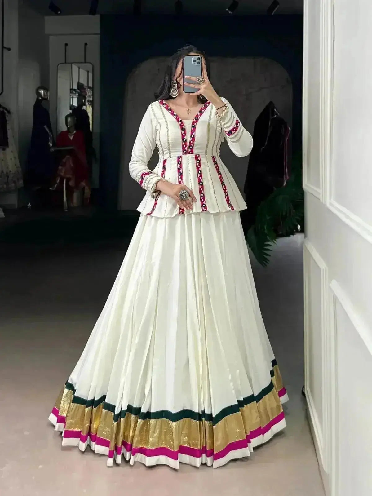 White Color Pure Rayon Embossed Navratri Lehenga Choli - RPD Fashion
