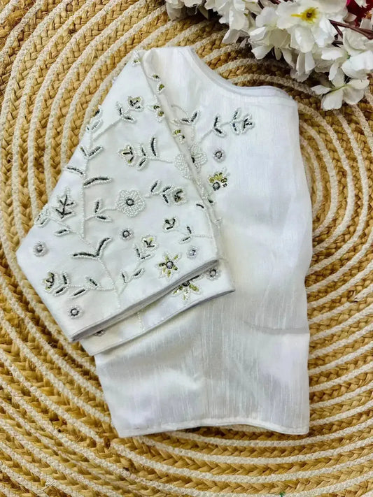 White Simple Hand Work Blouse Designs with Pearl & Thread Floral Pattern - RPD Fashion