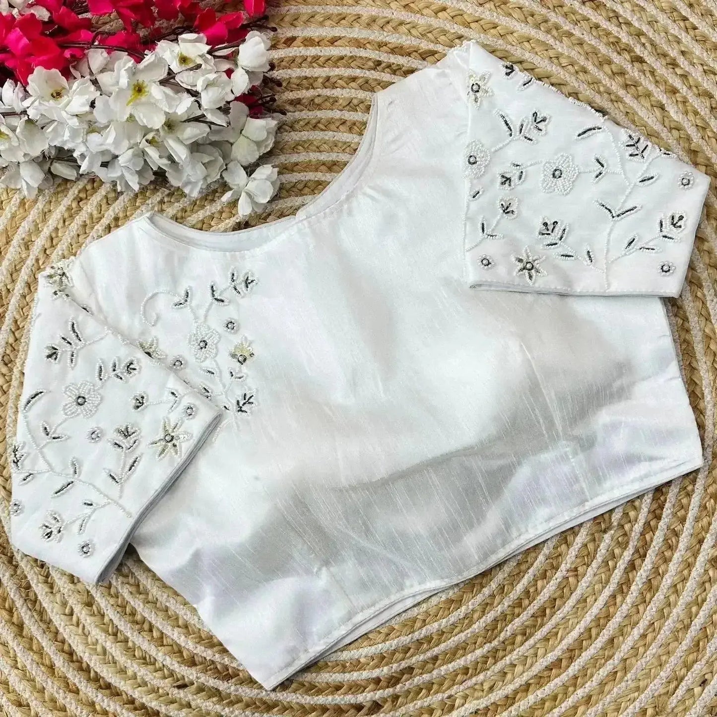 white simple hand work blouse designs with pearl & thread floral pattern - rpd fashion