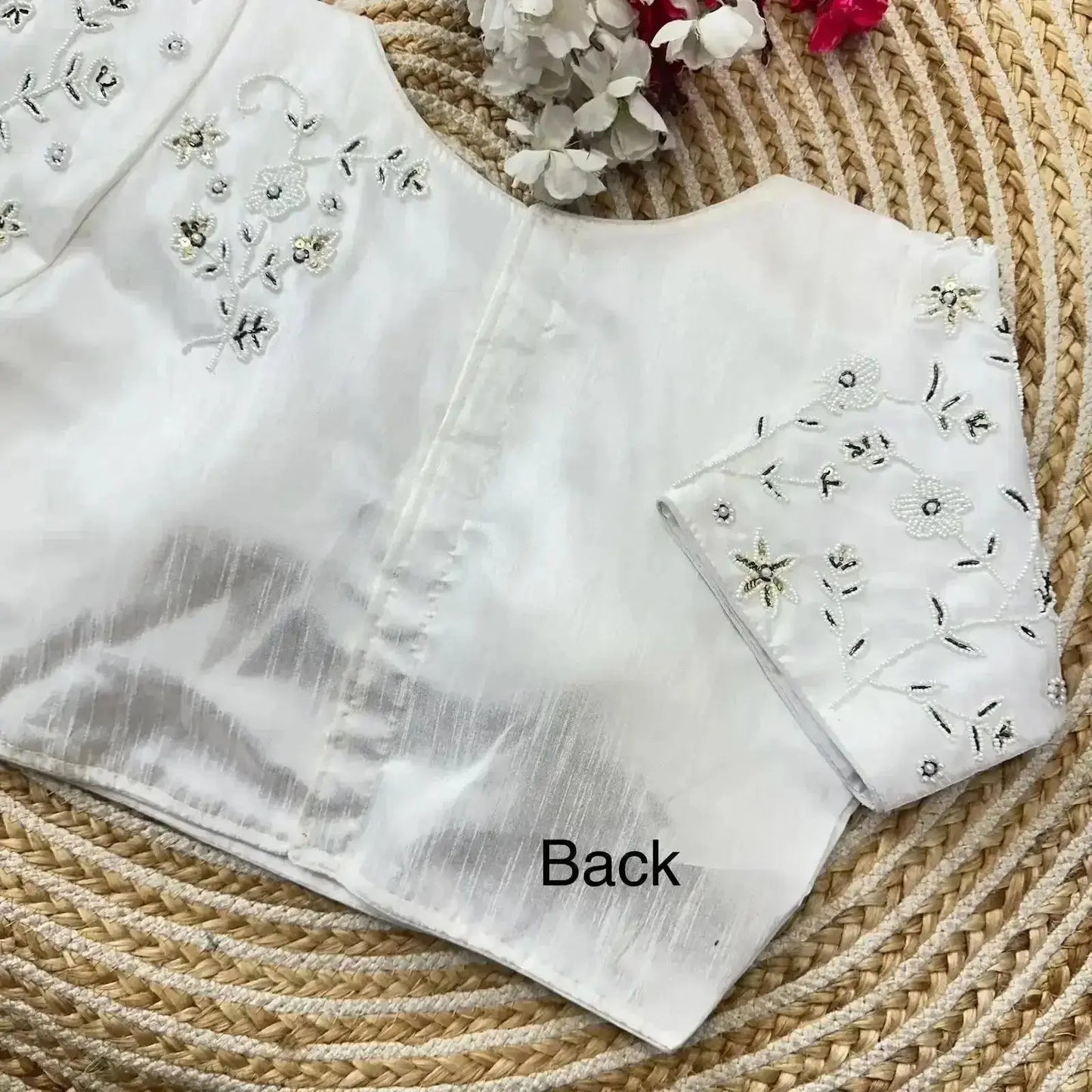 white simple hand work blouse designs with pearl & thread floral pattern - rpd fashion
