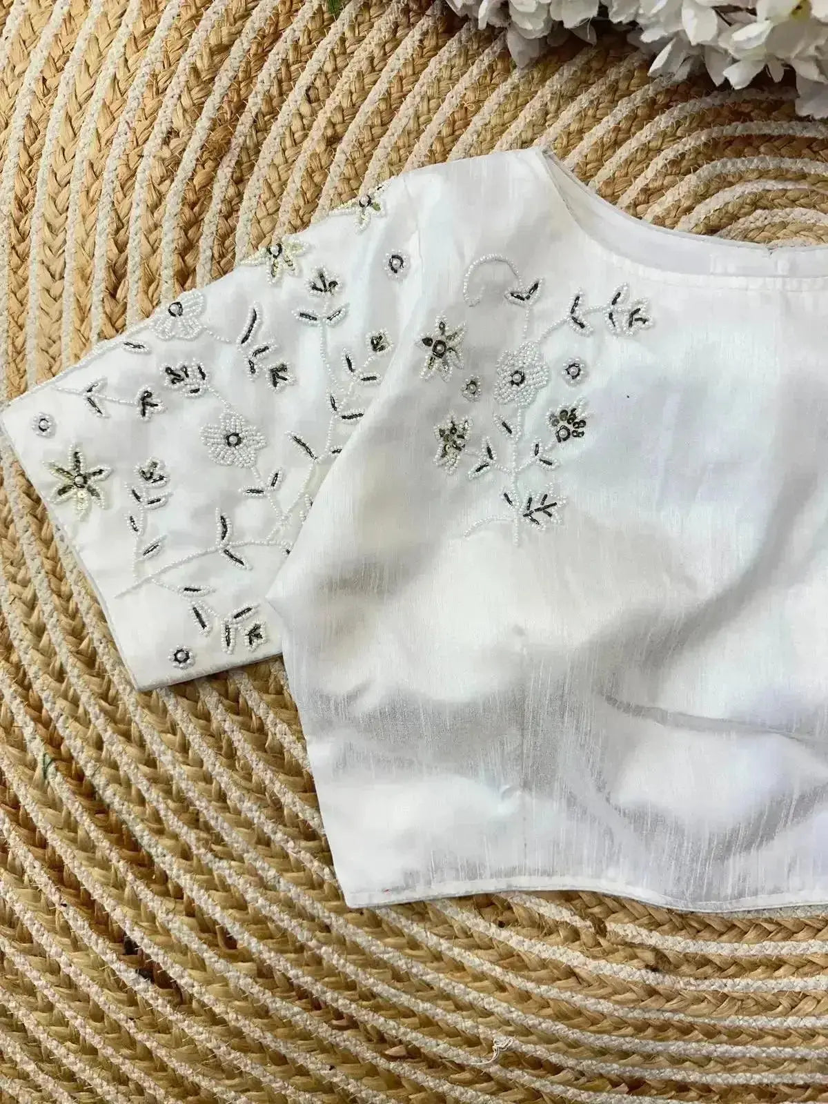 White Simple Hand Work Blouse Designs with Pearl & Thread Floral Pattern - RPD Fashion