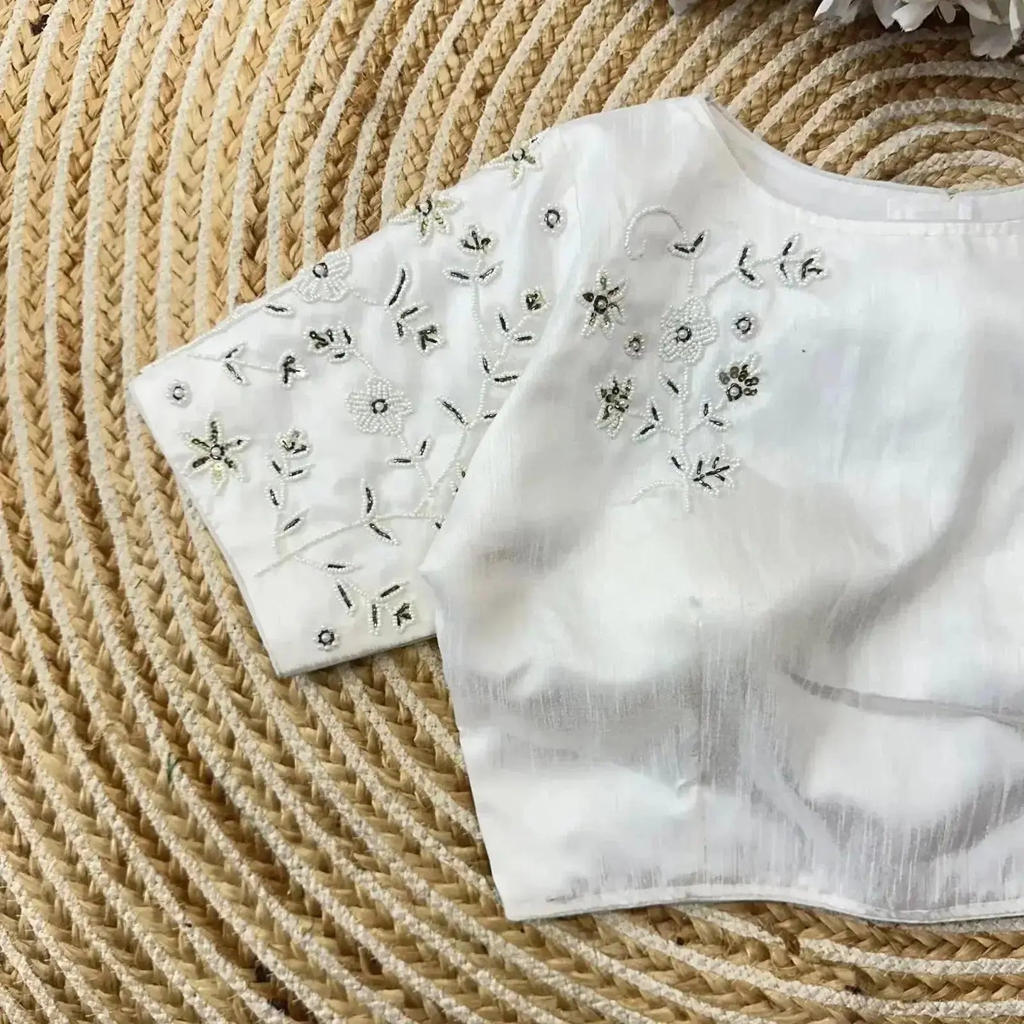white simple hand work blouse designs with pearl & thread floral pattern - rpd fashion