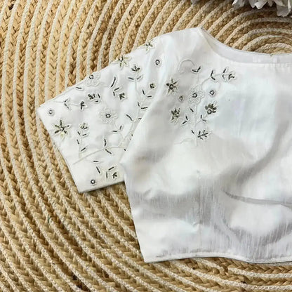 White Simple Hand Work Blouse Designs with Pearl & Thread Floral Pattern - RPD Fashion