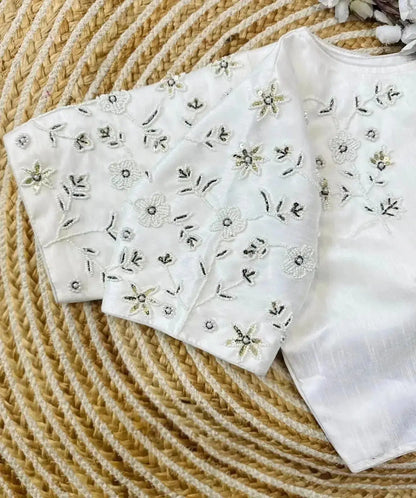 White Simple Hand Work Blouse Designs with Pearl & Thread Floral Pattern - RPD Fashion