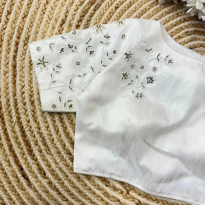 White Simple Hand Work Blouse Designs with Pearl & Thread Floral Pattern - RPD Fashion