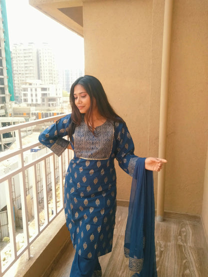 Women Cotton Kurta Set with Dupatta | Blue Printed Ethnic Kurti Pant Set - RPD Fashion
