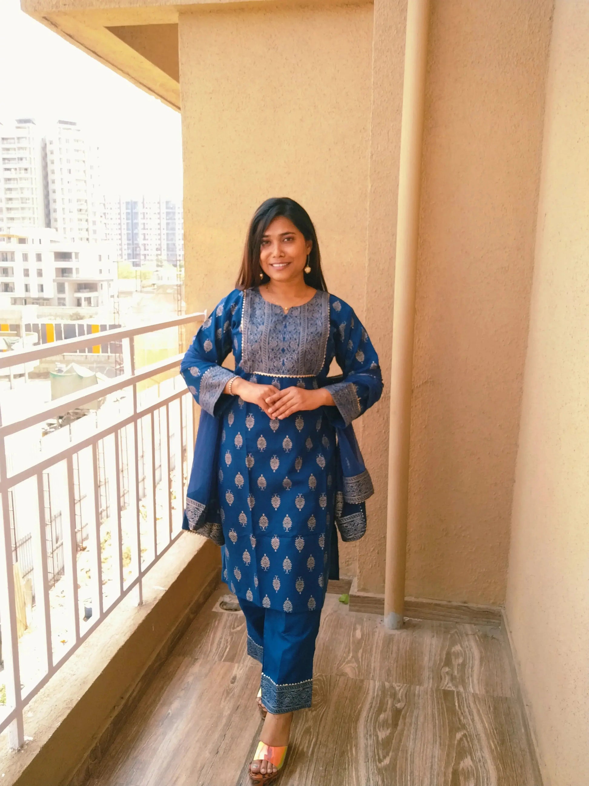 Women Cotton Kurta Set with Dupatta | Blue Printed Ethnic Kurti Pant Set - RPD Fashion