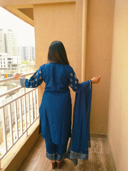 Women Cotton Kurta Set with Dupatta | Blue Printed Ethnic Kurti Pant Set - RPD Fashion