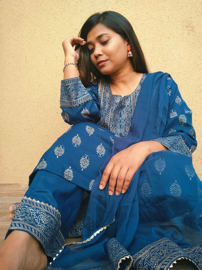 Women Cotton Kurta Set with Dupatta | Blue Printed Ethnic Kurti Pant Set - RPD Fashion