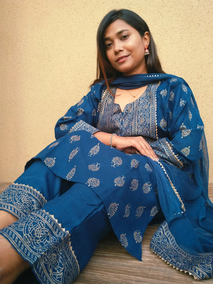 Women Cotton Kurta Set with Dupatta | Blue Printed Ethnic Kurti Pant Set - RPD Fashion