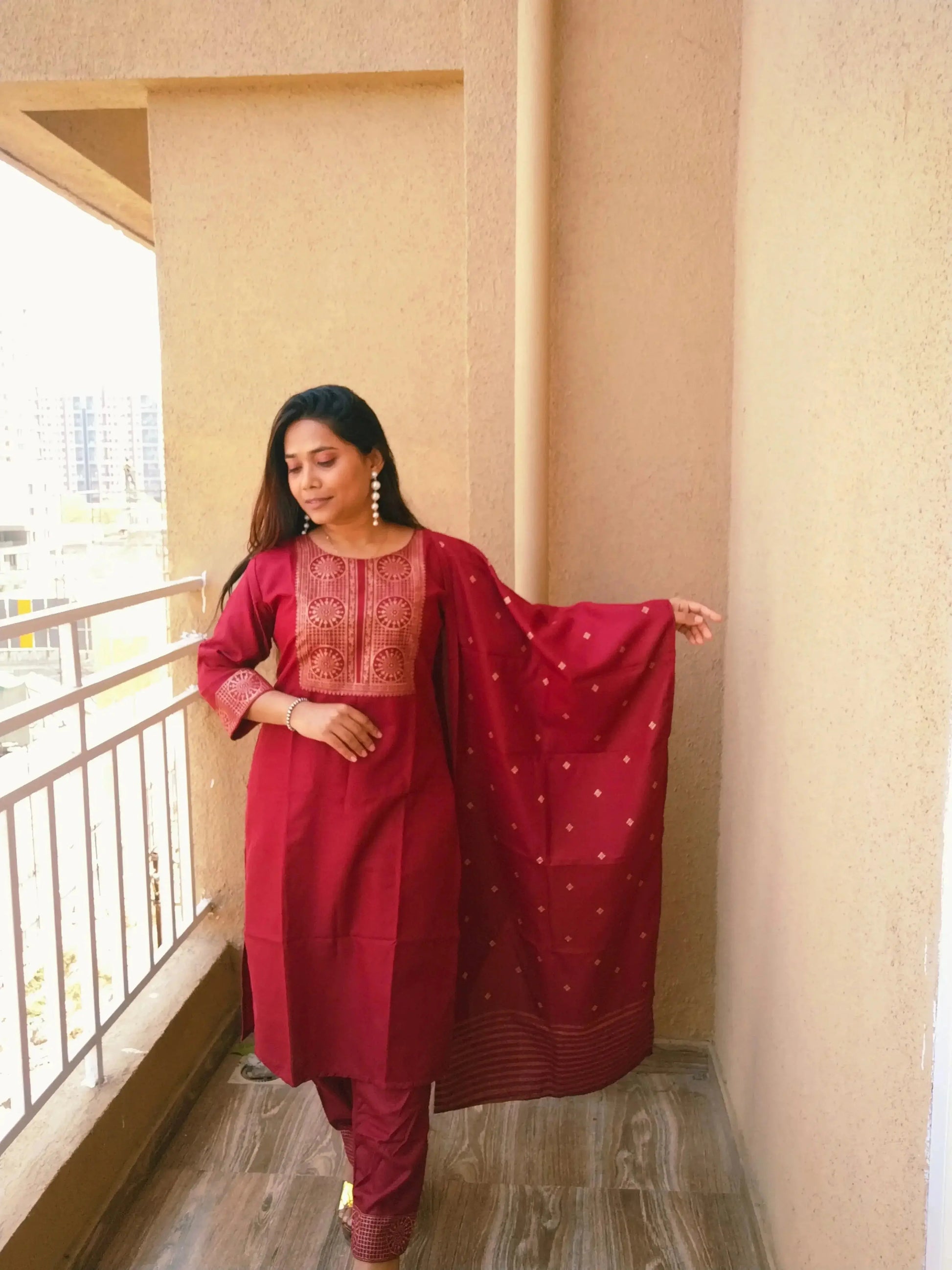 Women Kurta Set with Dupatta | Maroon Ethnic Kurti Pant Set for Festive Wear - RPD Fashion