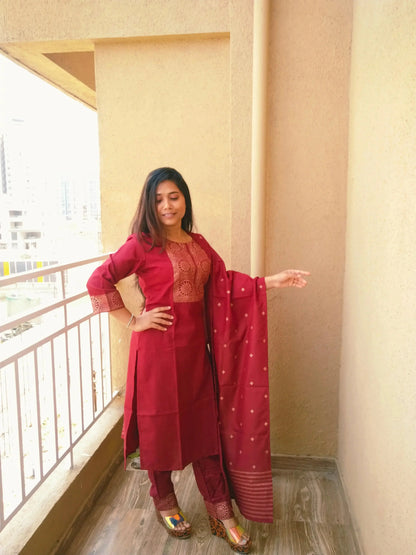 Women Kurta Set with Dupatta | Maroon Ethnic Kurti Pant Set for Festive Wear - RPD Fashion