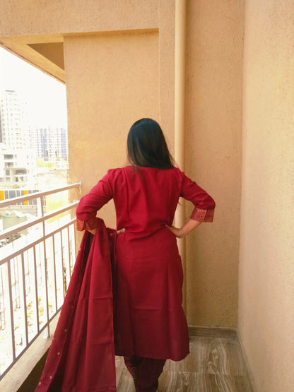 Women Kurta Set with Dupatta | Maroon Ethnic Kurti Pant Set for Festive Wear - RPD Fashion