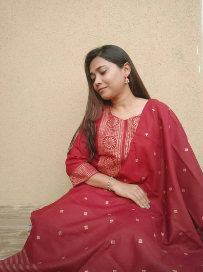 Women Kurta Set with Dupatta | Maroon Ethnic Kurti Pant Set for Festive Wear - RPD Fashion