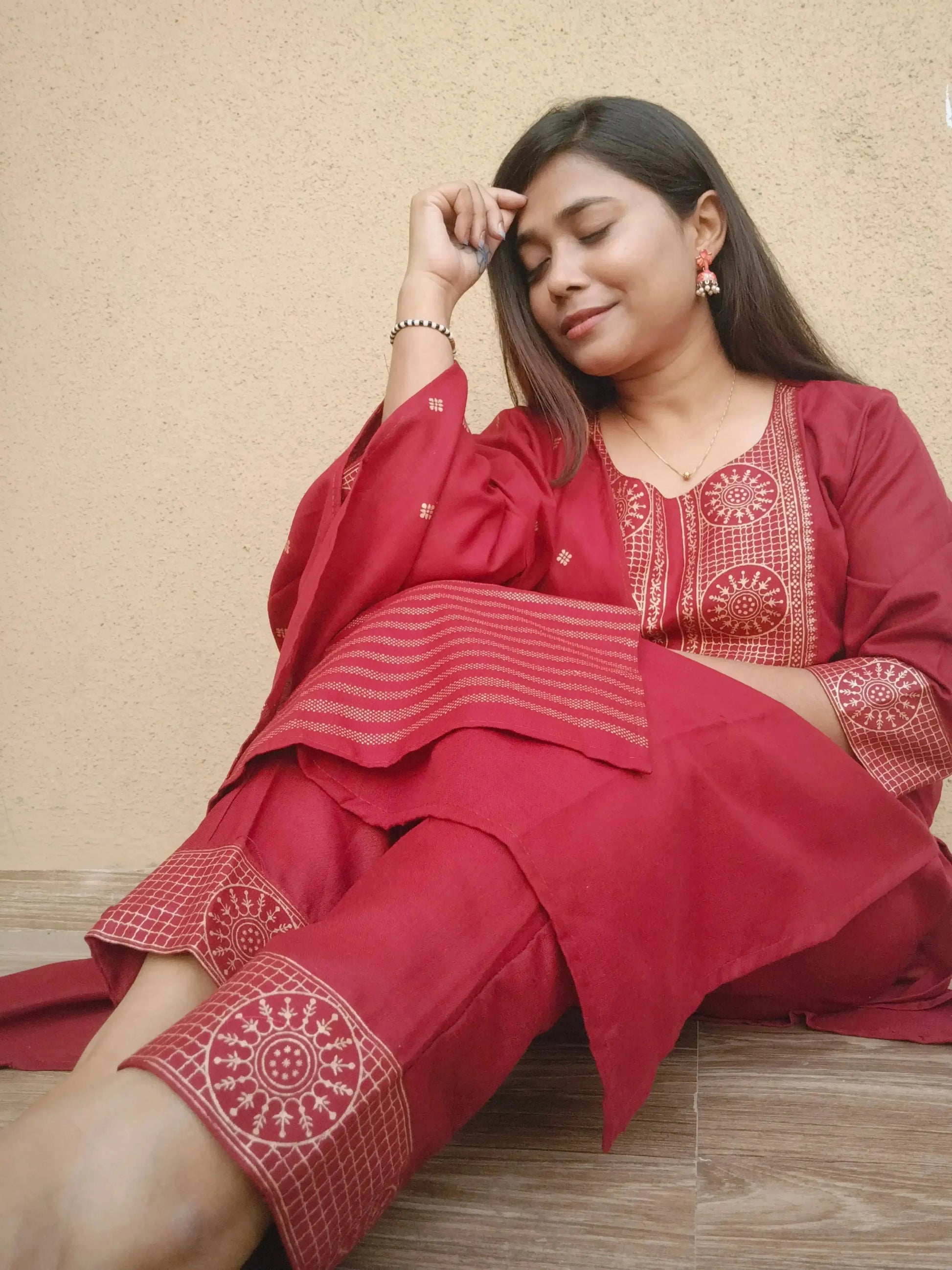 Women Kurta Set with Dupatta | Maroon Ethnic Kurti Pant Set for Festive Wear - RPD Fashion