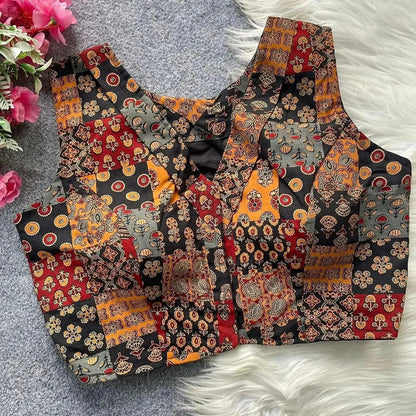 Women’s Ajrakh Cotton Blouse – Sleeveless Printed Patchwork Design - RPD Fashion