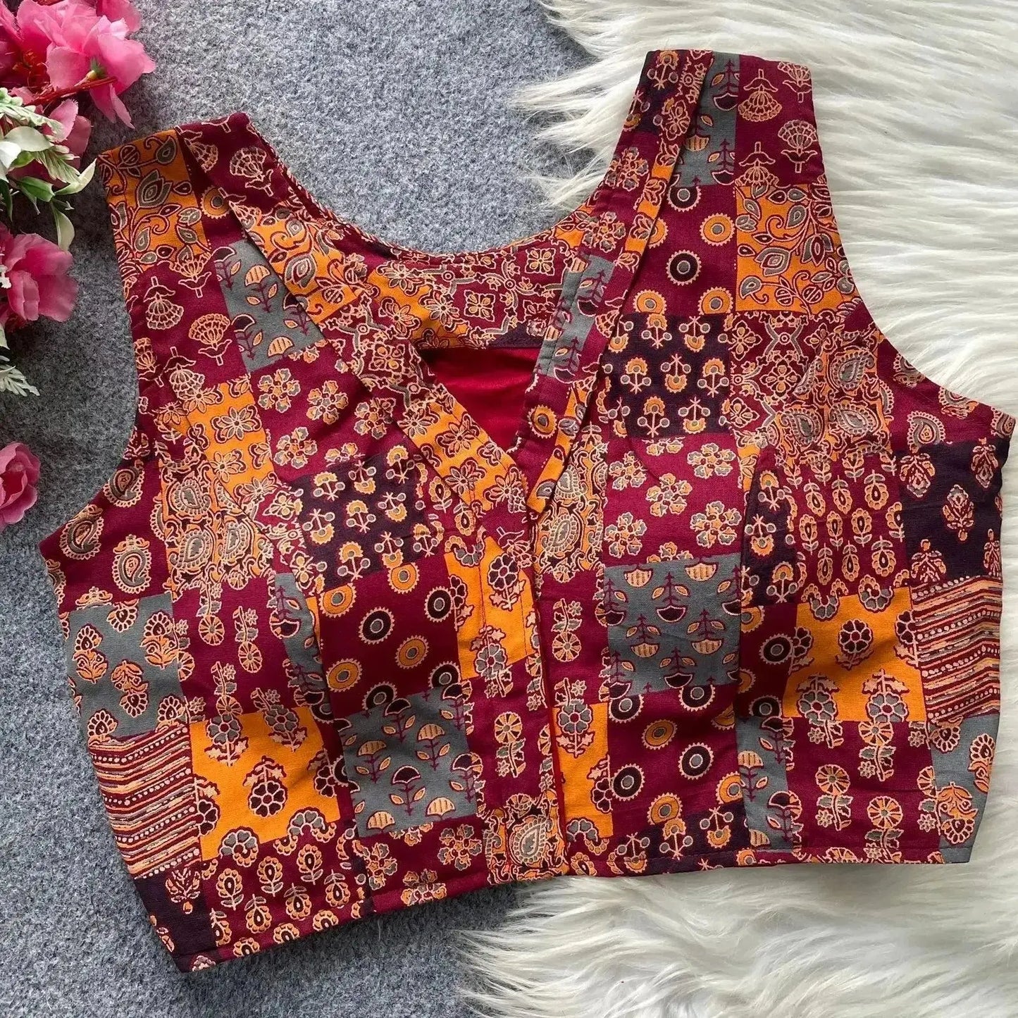 women’s ajrakh cotton blouse – sleeveless printed patchwork design - rpd fashion