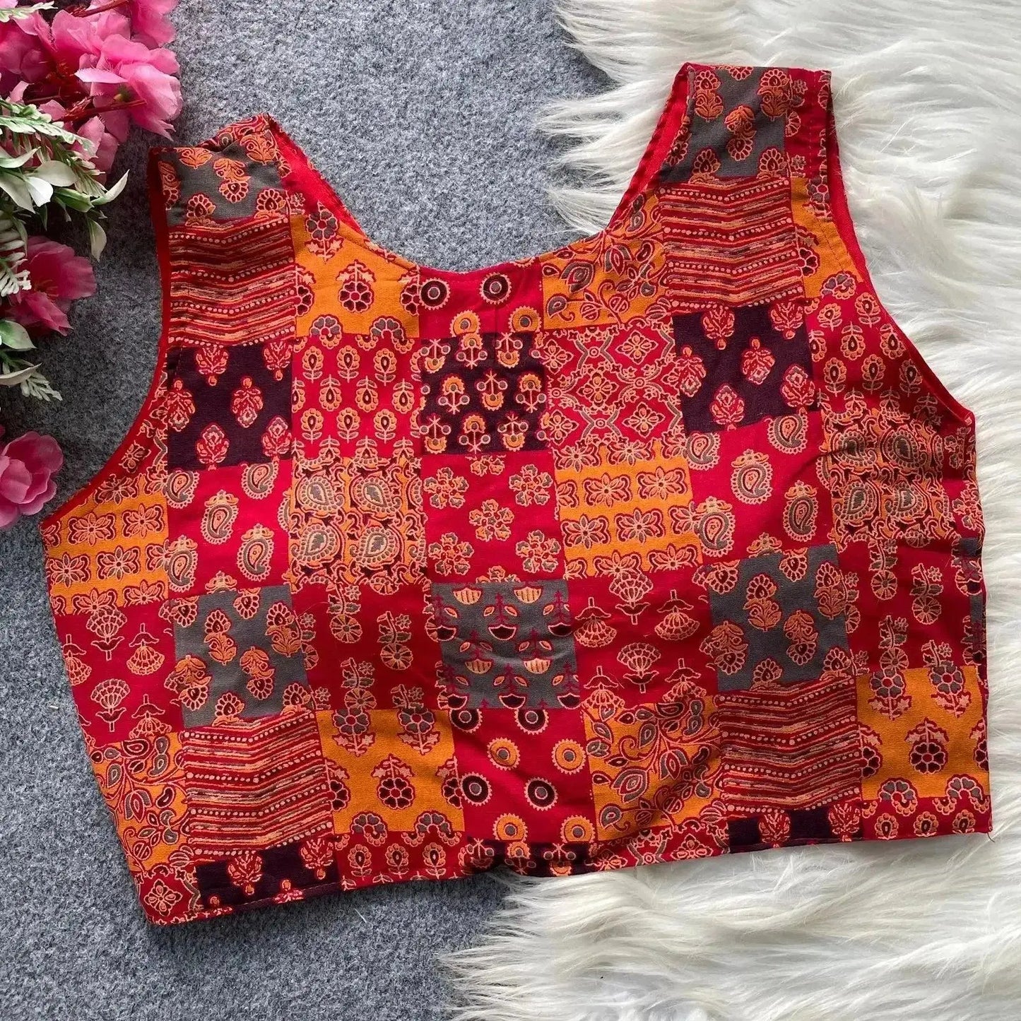 women’s ajrakh cotton blouse – sleeveless printed patchwork design - rpd fashion