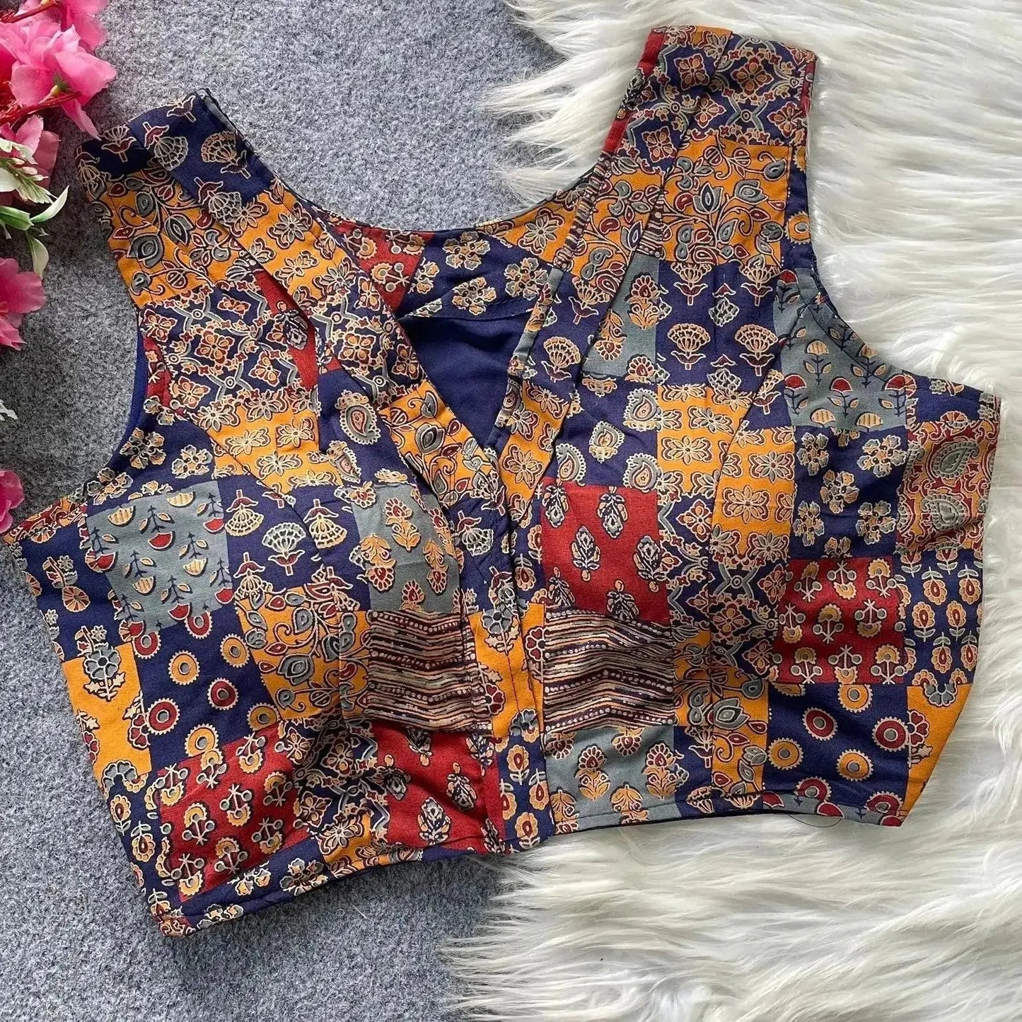 women’s ajrakh cotton blouse – sleeveless printed patchwork design - rpd fashion
