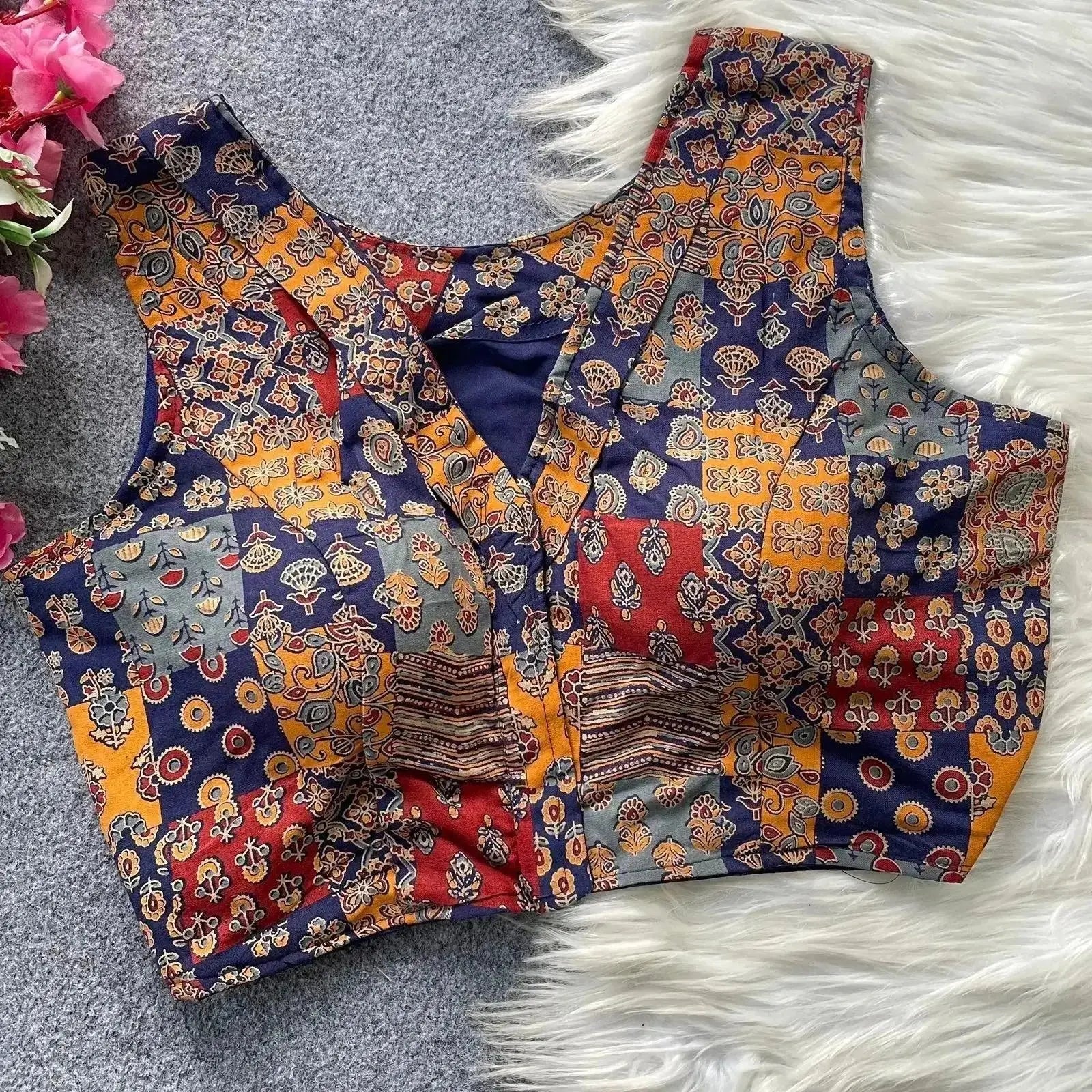 Women’s Ajrakh Cotton Blouse – Sleeveless Printed Patchwork Design - RPD Fashion