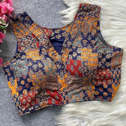 Women’s Ajrakh Cotton Blouse – Sleeveless Printed Patchwork Design - RPD Fashion