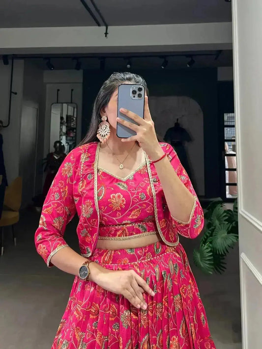 Women's Pink Tussar Silk Floral Print With Gota Patti Work Partywear Lehenga - RPD Fashion