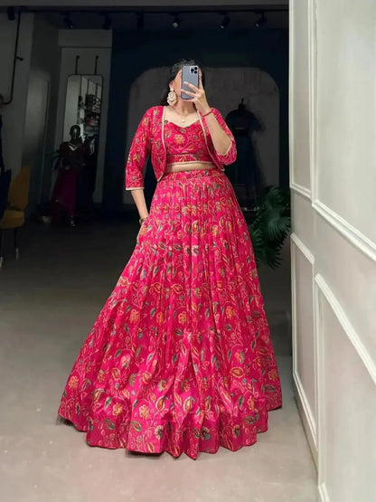 Women's Pink Tussar Silk Floral Print With Gota Patti Work Partywear Lehenga - RPD Fashion
