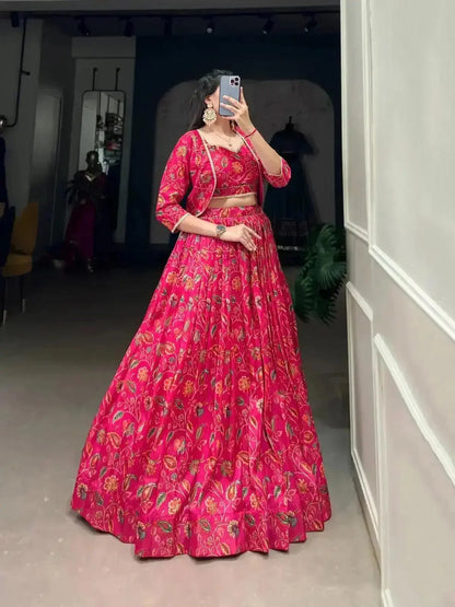 Women's Pink Tussar Silk Floral Print With Gota Patti Work Partywear Lehenga - RPD Fashion