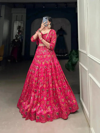 Women's Pink Tussar Silk Floral Print With Gota Patti Work Partywear Lehenga - RPD Fashion