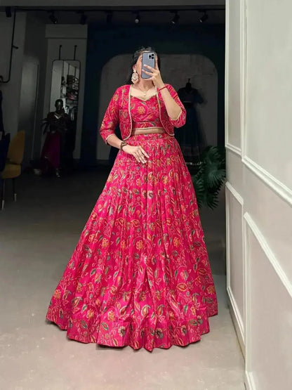 Women's Pink Tussar Silk Floral Print With Gota Patti Work Partywear Lehenga - RPD Fashion