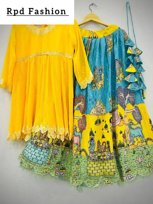 YELLOW AND BLUE KALAMKARI LEHENGA - RPD Fashion