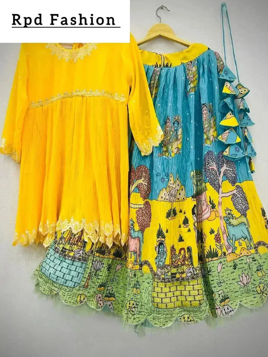 YELLOW AND BLUE KALAMKARI LEHENGA - RPD Fashion