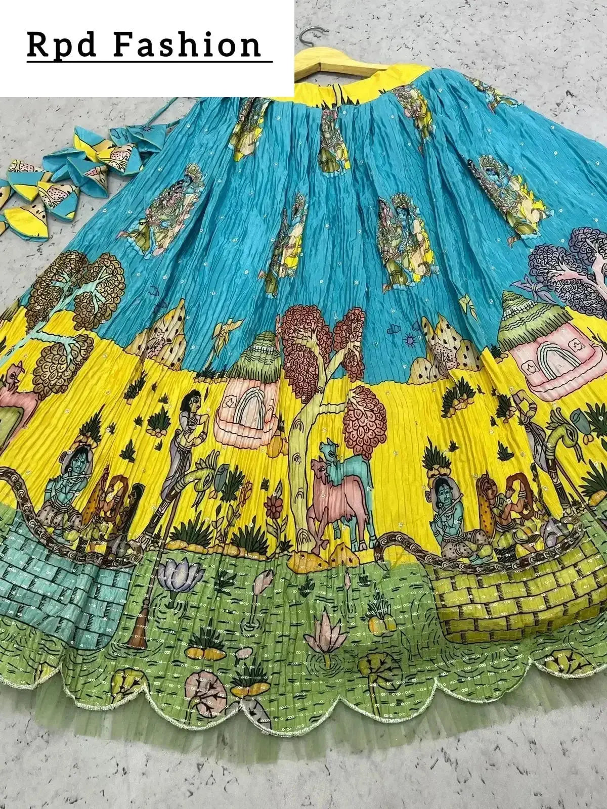 YELLOW AND BLUE KALAMKARI LEHENGA - RPD Fashion