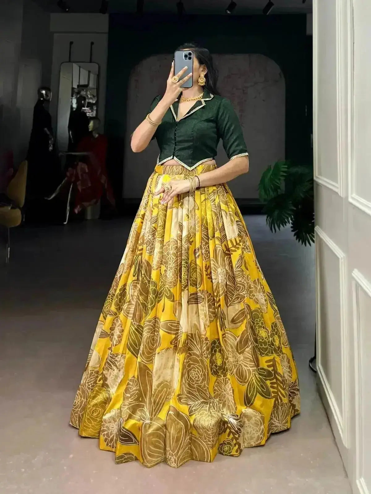 yellow color floral print organza co-ord set lehenga choli - rpd fashion