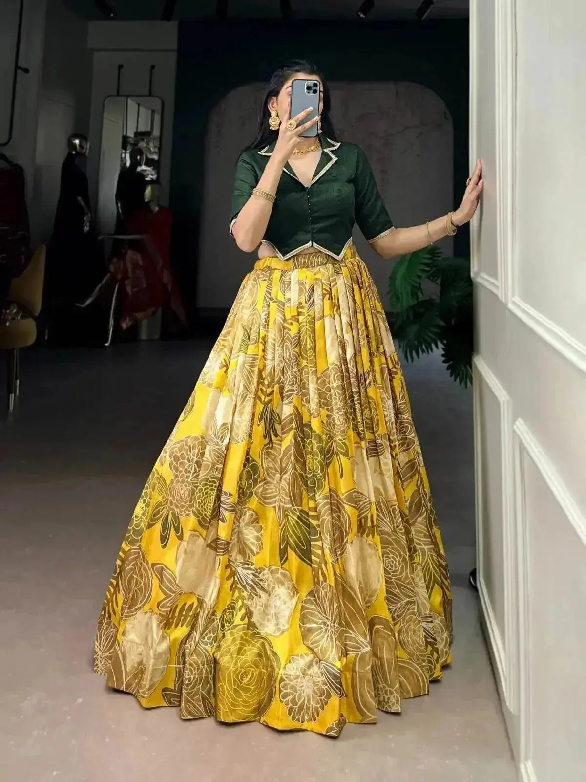 yellow color floral print organza co-ord set lehenga choli - rpd fashion